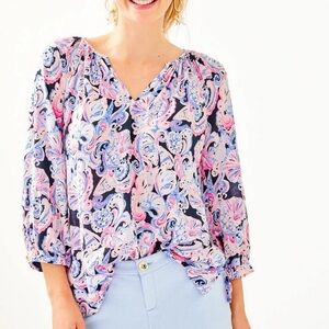 Lilly Pulitzer Willa 3/4 Sleeve Its For Shore High Tide Navy 100% Rayon Blouse